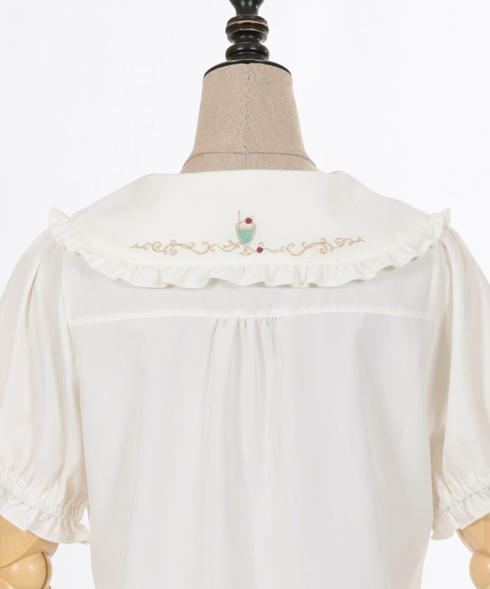 Retro Cafe Embroidery Puff Sleeve Blouse