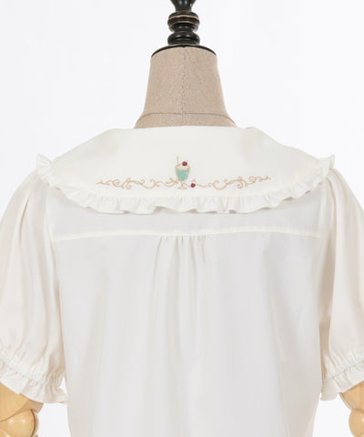 Retro Cafe Embroidery Puff Sleeve Blouse