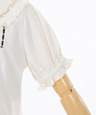 Retro Cafe Embroidery Puff Sleeve Blouse