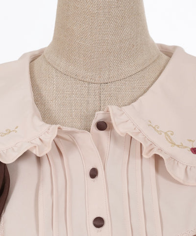 Retro Cafe Embroidery Puff Sleeve Blouse