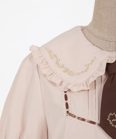 Retro Cafe Embroidery Puff Sleeve Blouse