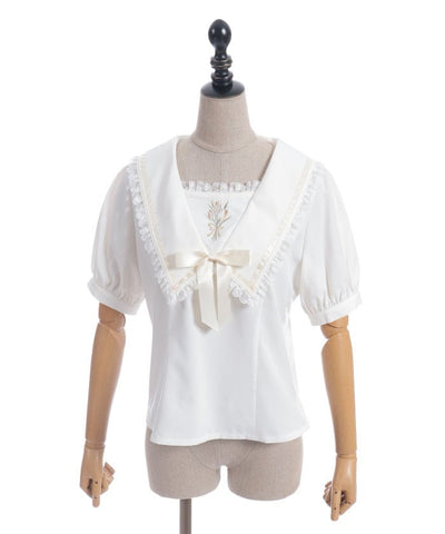 Tulip Embroidery Blouse with Ribbon