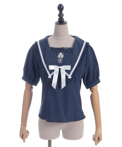 Tulip Embroidery Blouse with Ribbon