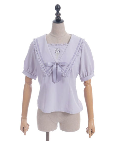Tulip Embroidery Blouse with Ribbon