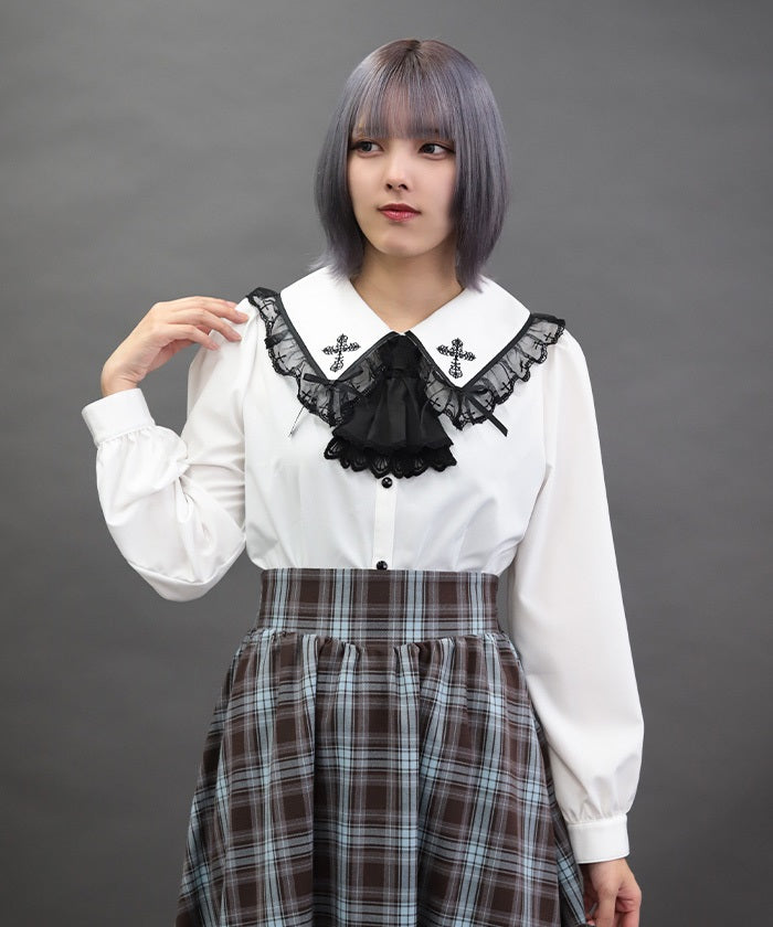 Cross Embroidery Big Collar Blouse