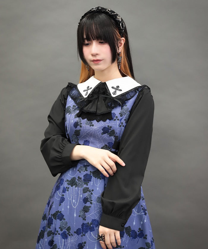 Cross Embroidery Big Collar Blouse