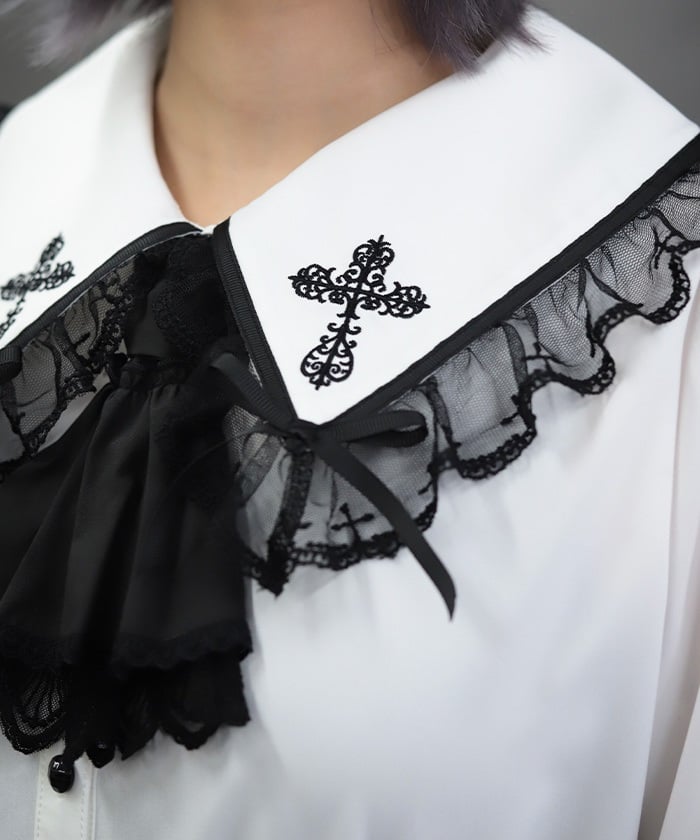 Cross Embroidery Big Collar Blouse