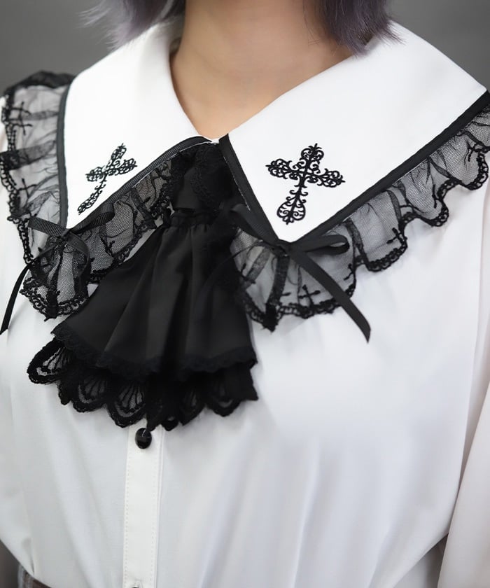 Cross Embroidery Big Collar Blouse