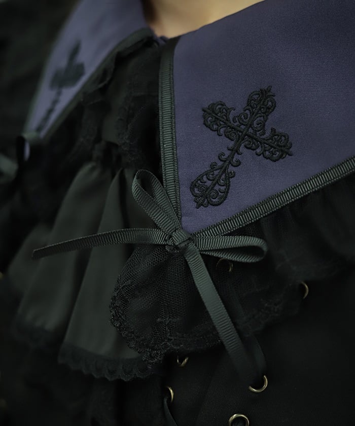 Cross Embroidery Big Collar Blouse