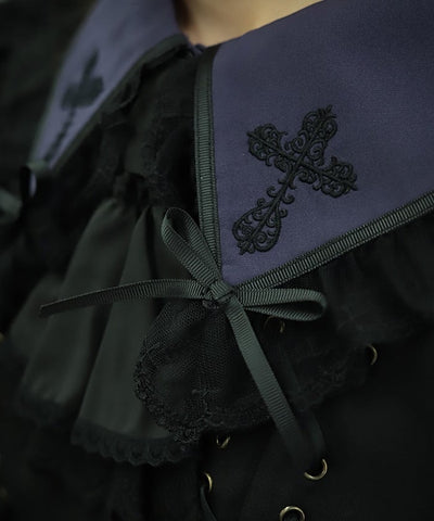 Cross Embroidery Big Collar Blouse