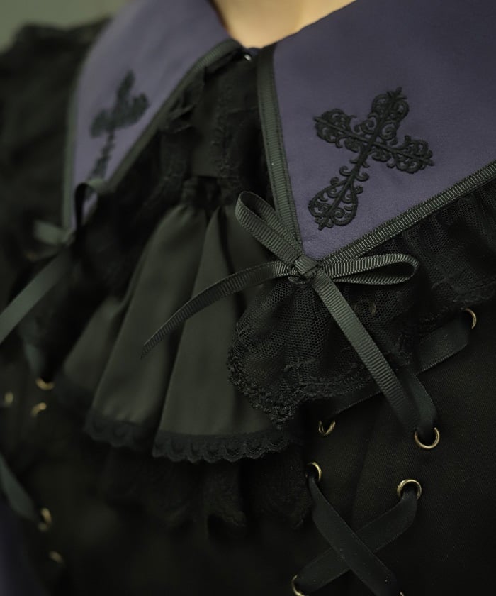 Cross Embroidery Big Collar Blouse