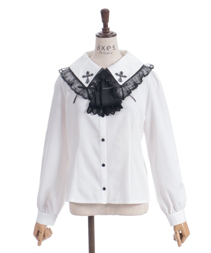 Cross Embroidery Big Collar Blouse