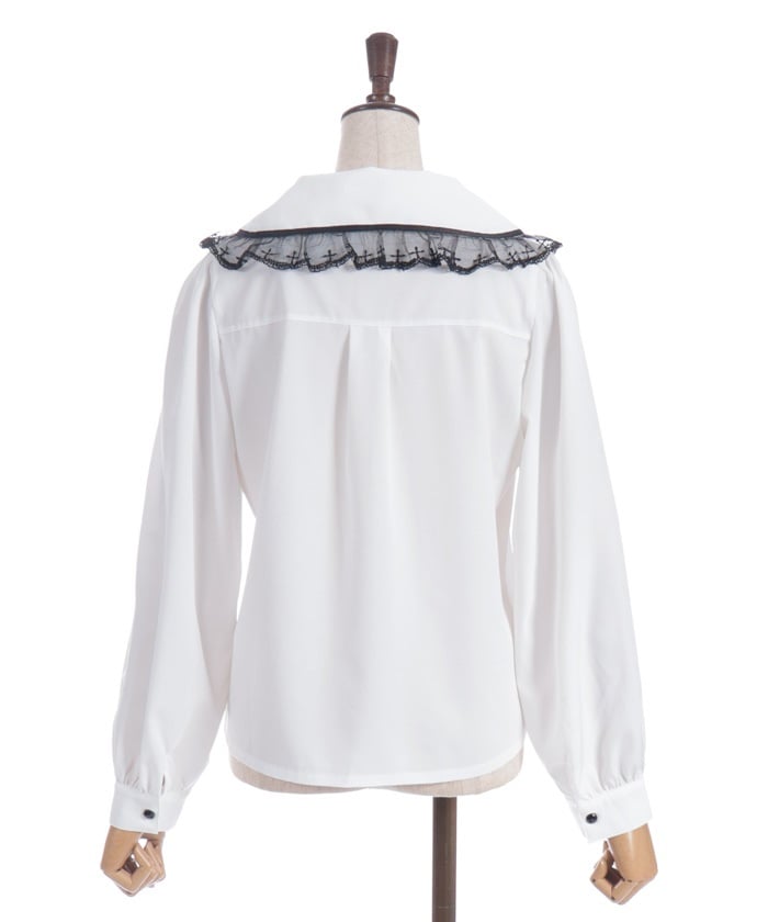 Cross Embroidery Big Collar Blouse