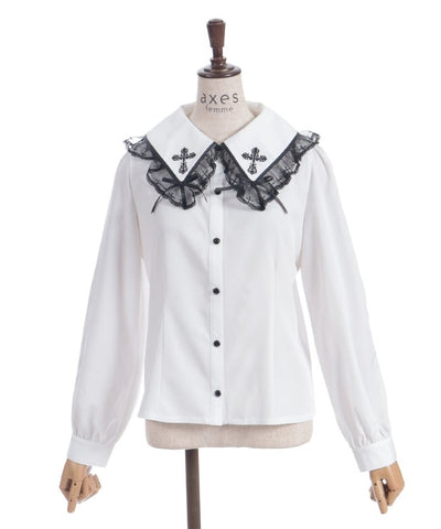 Cross Embroidery Big Collar Blouse