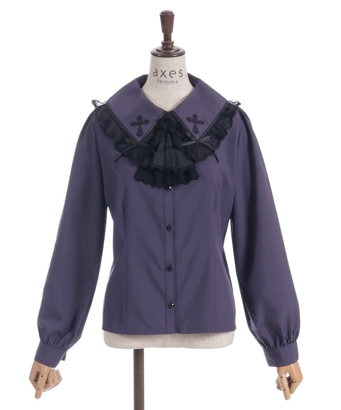 Cross Embroidery Big Collar Blouse