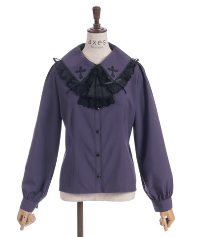 Cross Embroidery Big Collar Blouse