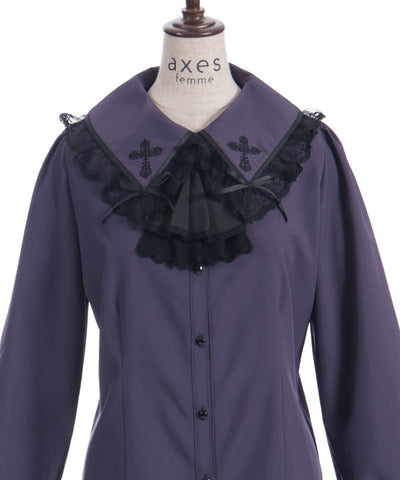 Cross Embroidery Big Collar Blouse