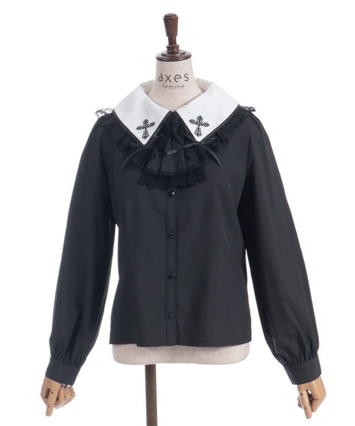 Cross Embroidery Big Collar Blouse