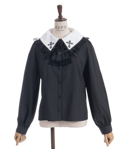 Cross Embroidery Big Collar Blouse