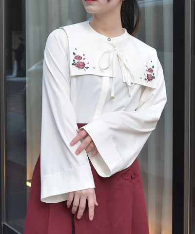 Rose Embroidery Fake Collar Set Blouse