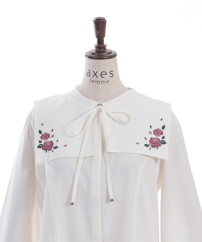 Rose Embroidery Fake Collar Set Blouse