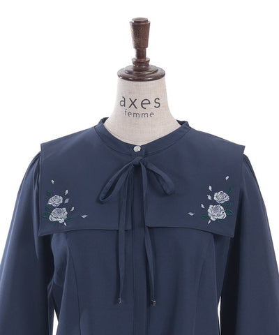 Rose Embroidery Fake Collar Set Blouse