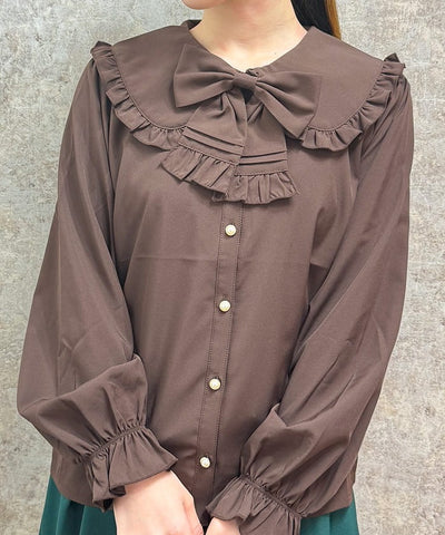 Pin Tuck Ribbon Round Collar Blouse