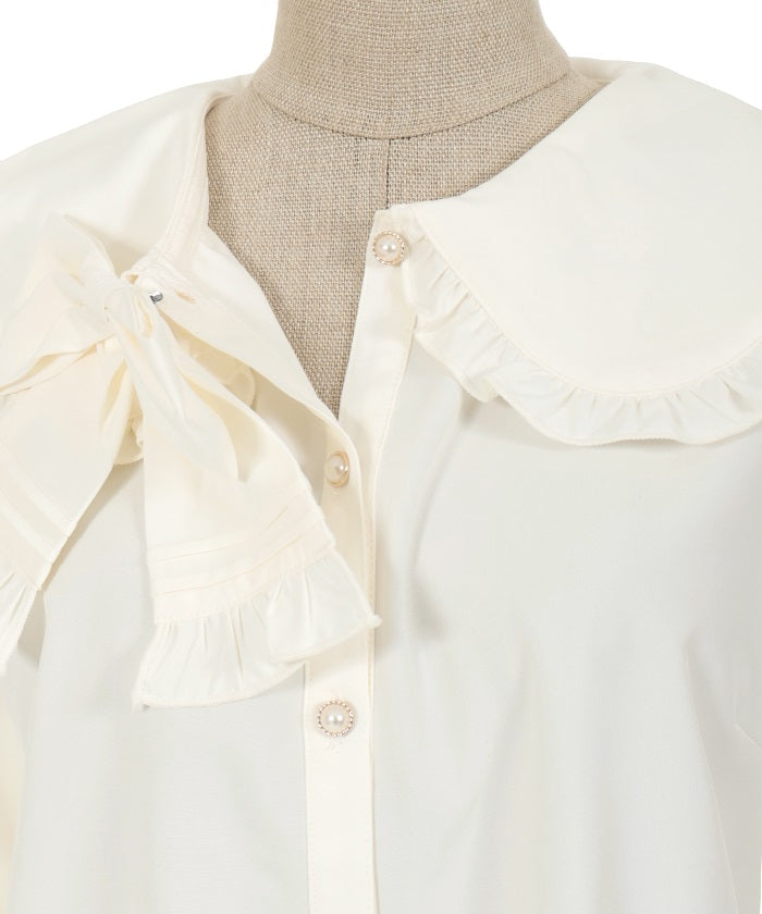 Pin Tuck Ribbon Round Collar Blouse