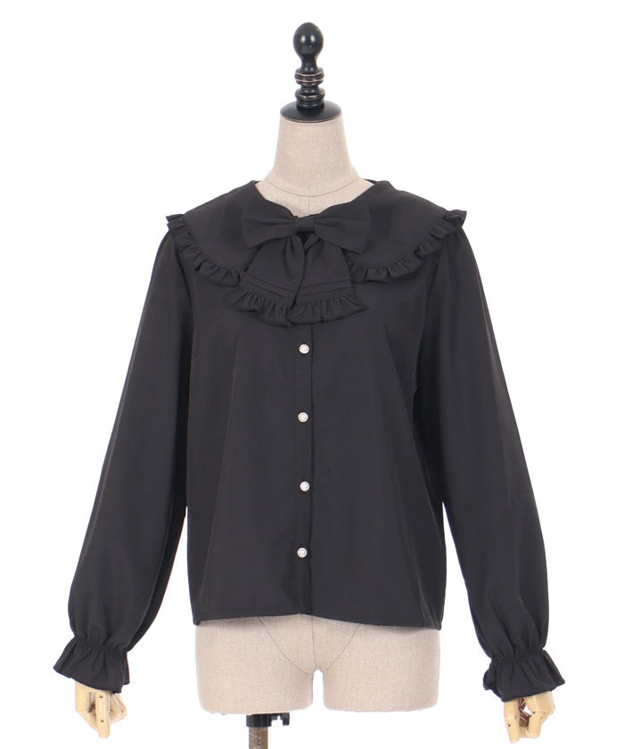 Pin Tuck Ribbon Round Collar Blouse