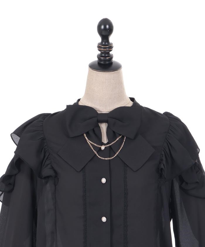 Frill Long Sleeve Blouse with Ribbon