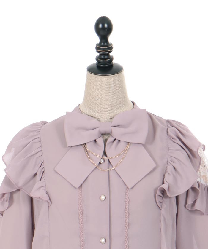 Frill Long Sleeve Blouse with Ribbon