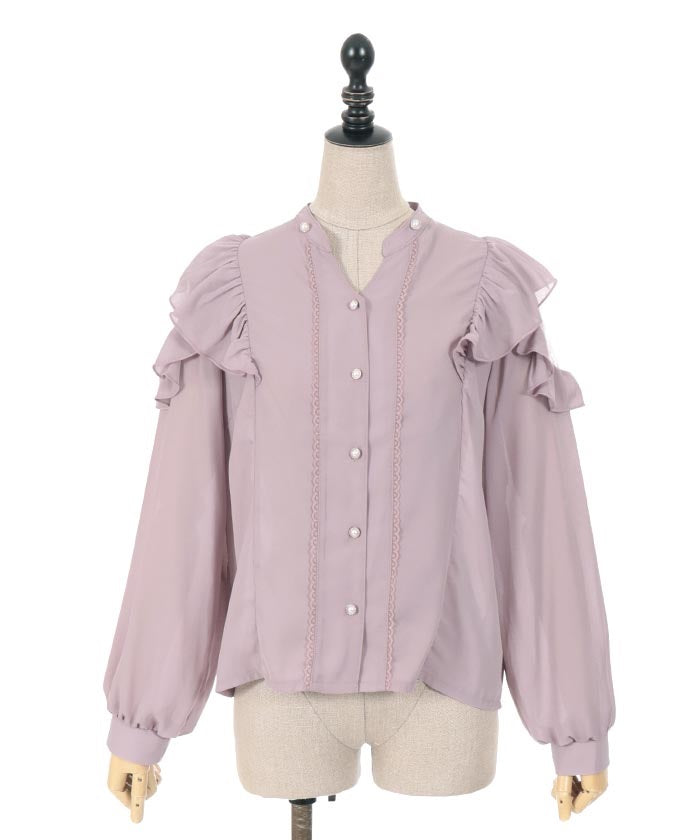 Frill Long Sleeve Blouse with Ribbon