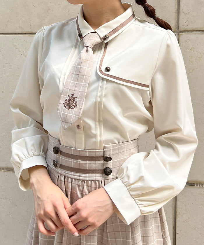 Emblem Embroidery Blouse with Necktie