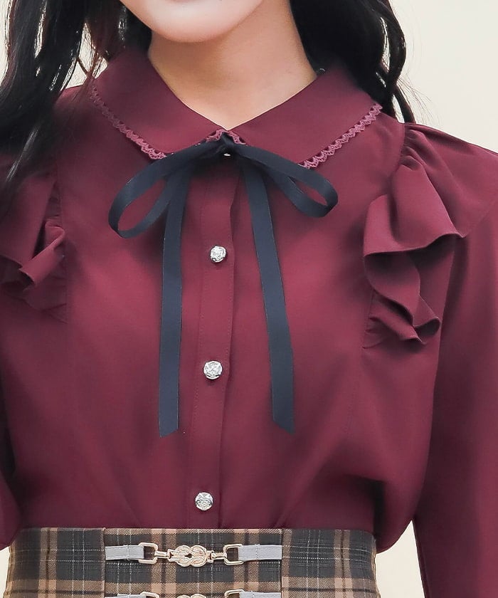 Round Collar Long Sleeve Blouse with Ribbon