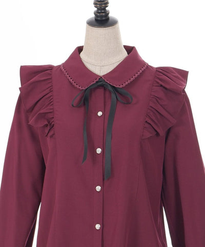 Round Collar Long Sleeve Blouse with Ribbon