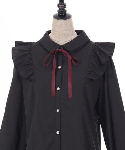 Round Collar Long Sleeve Blouse with Ribbon