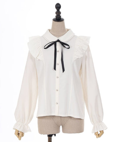 Round Collar Long Sleeve Blouse with Ribbon