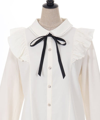 Round Collar Long Sleeve Blouse with Ribbon