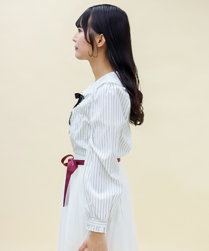 Pin Striped Blouse with Brooch