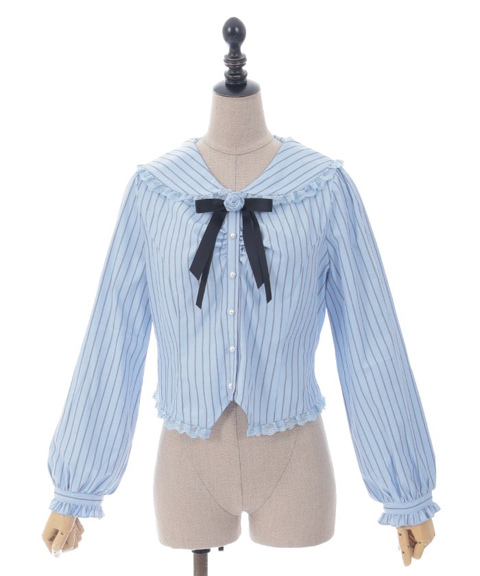 Pin Striped Blouse with Brooch