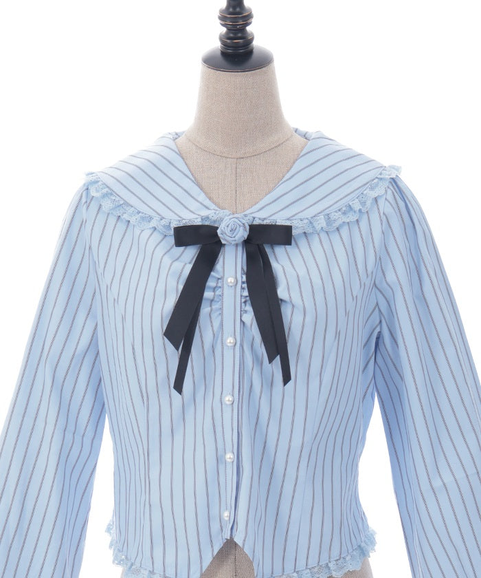 Pin Striped Blouse with Brooch