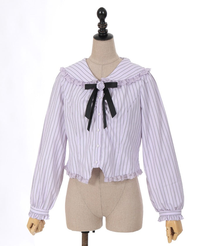 Pin Striped Blouse with Brooch