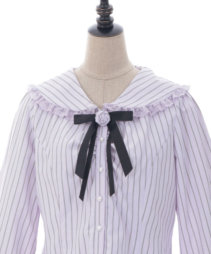 Pin Striped Blouse with Brooch