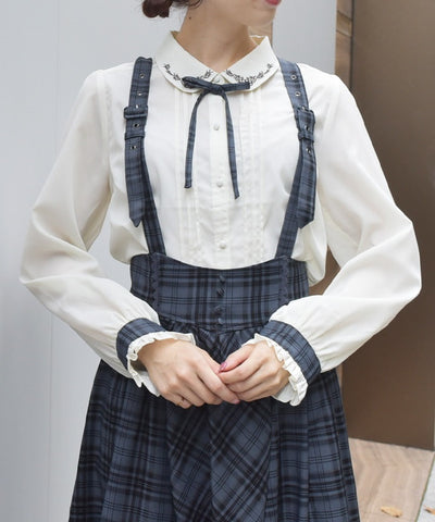 Embroidery Collar Blouse with Ribbon Brooch