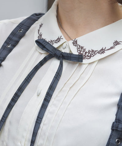 Embroidery Collar Blouse with Ribbon Brooch