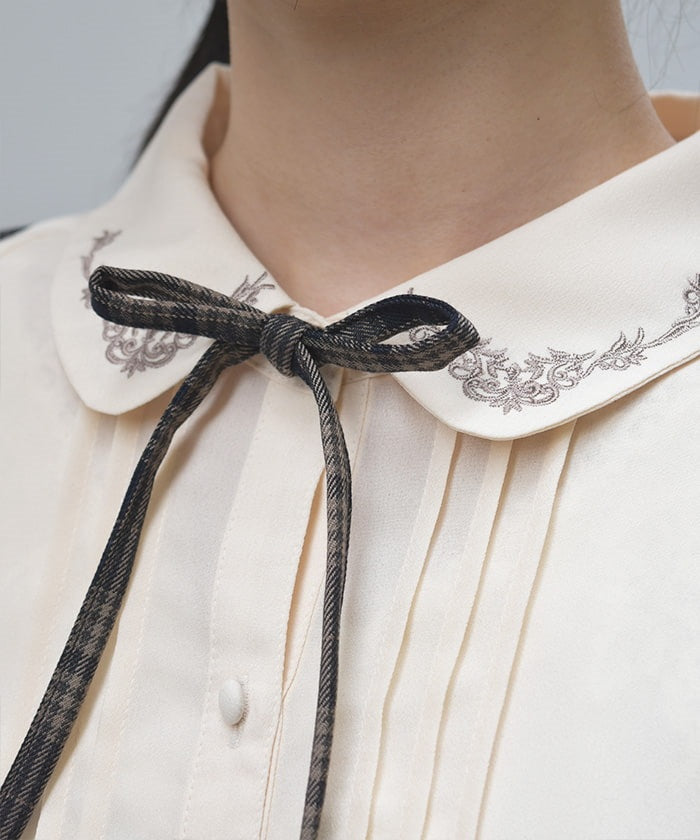 Embroidery Collar Blouse with Ribbon Brooch