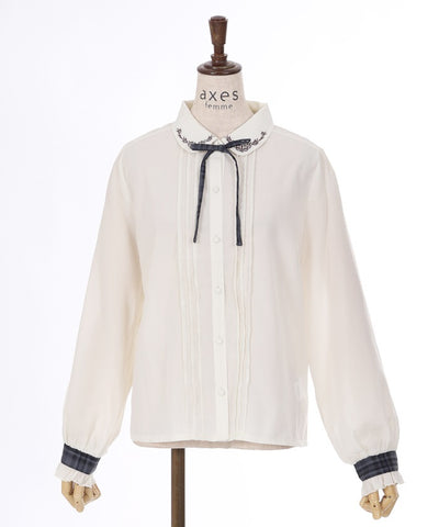 Embroidery Collar Blouse with Ribbon Brooch