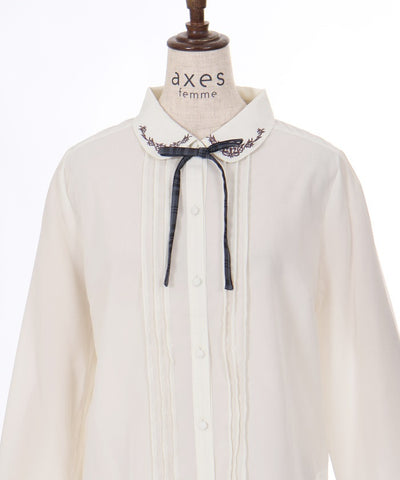 Embroidery Collar Blouse with Ribbon Brooch