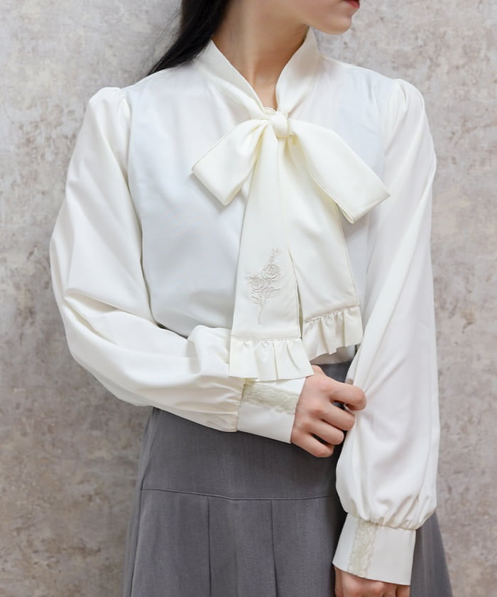 Butterfly & Rose Embroidery Bowtie Blouse