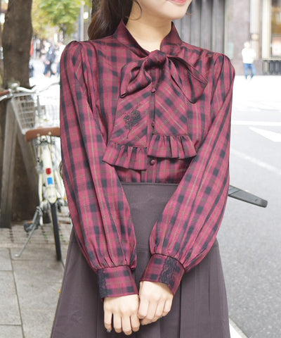 Butterfly & Rose Embroidery Bowtie Blouse